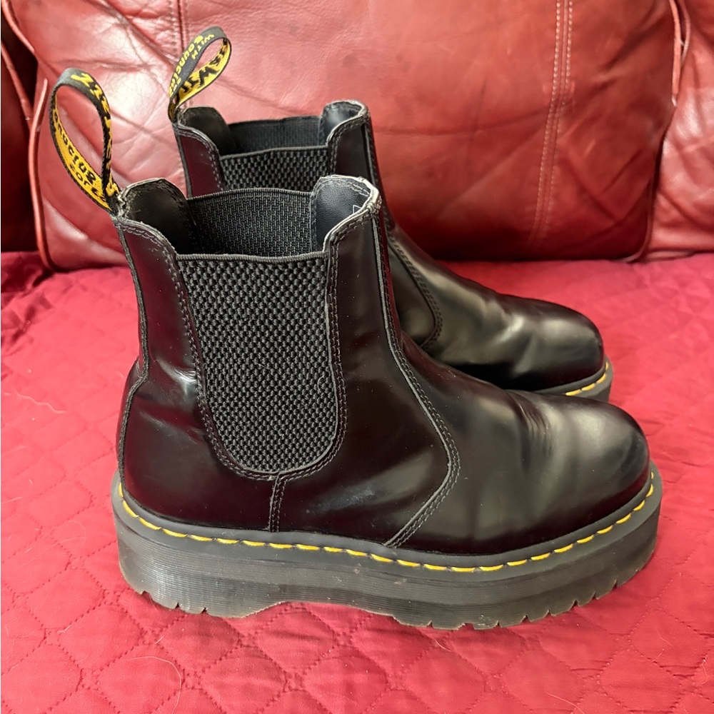 Dr. Martens Black Leather Chelsea Platform Boots with Yellow Stitching